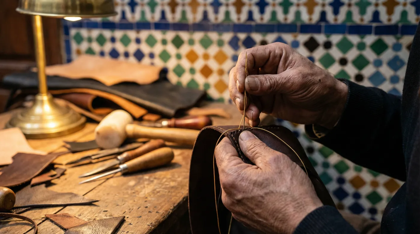 Les mains de l'artisan cousant le cuir, zellige en fond
